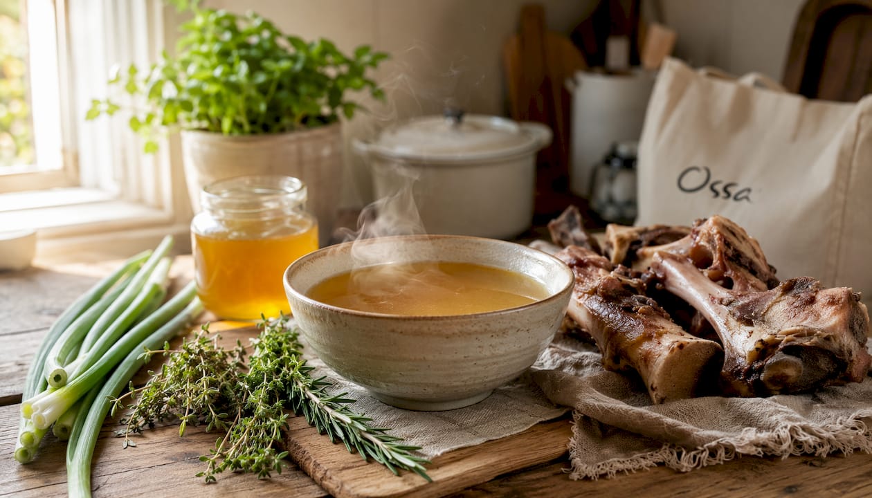 Fresh low FODMAP bone broth ingredients on wooden table