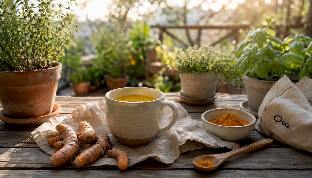 Warm turmeric drink with natural ingredients on counter