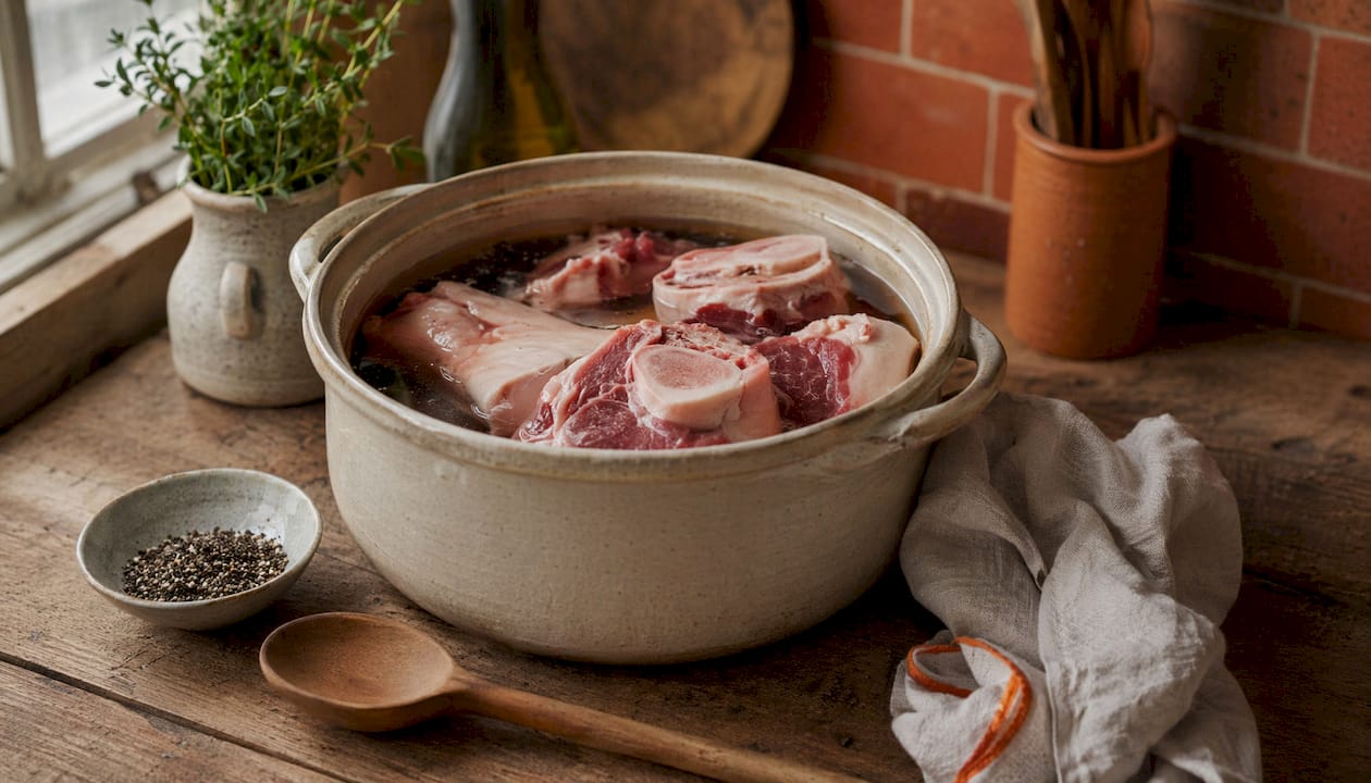 Overhead view of beef bones parboiling in stockpot