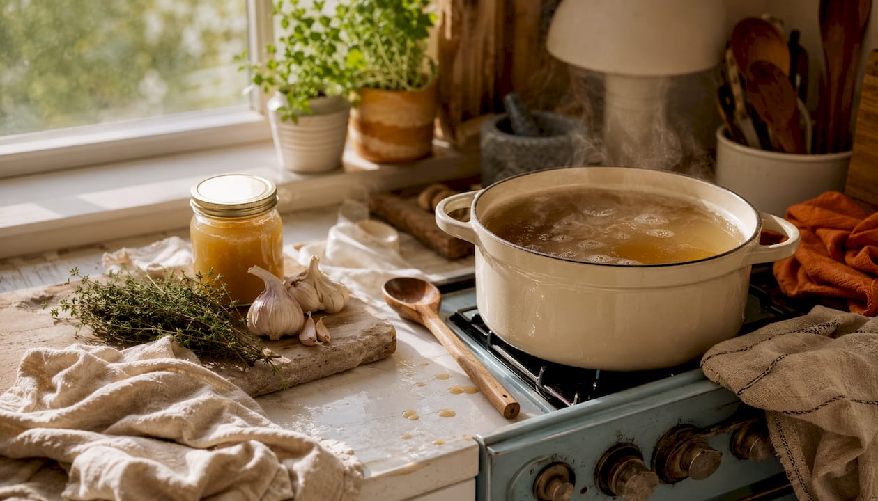 Homemade bone broth simmering in rustic kitchen setting