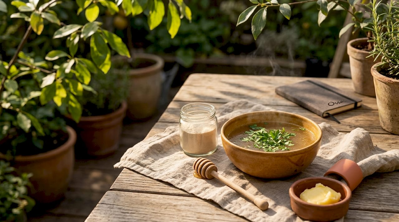 Chicken bone broth with collagen and honey accents on linen