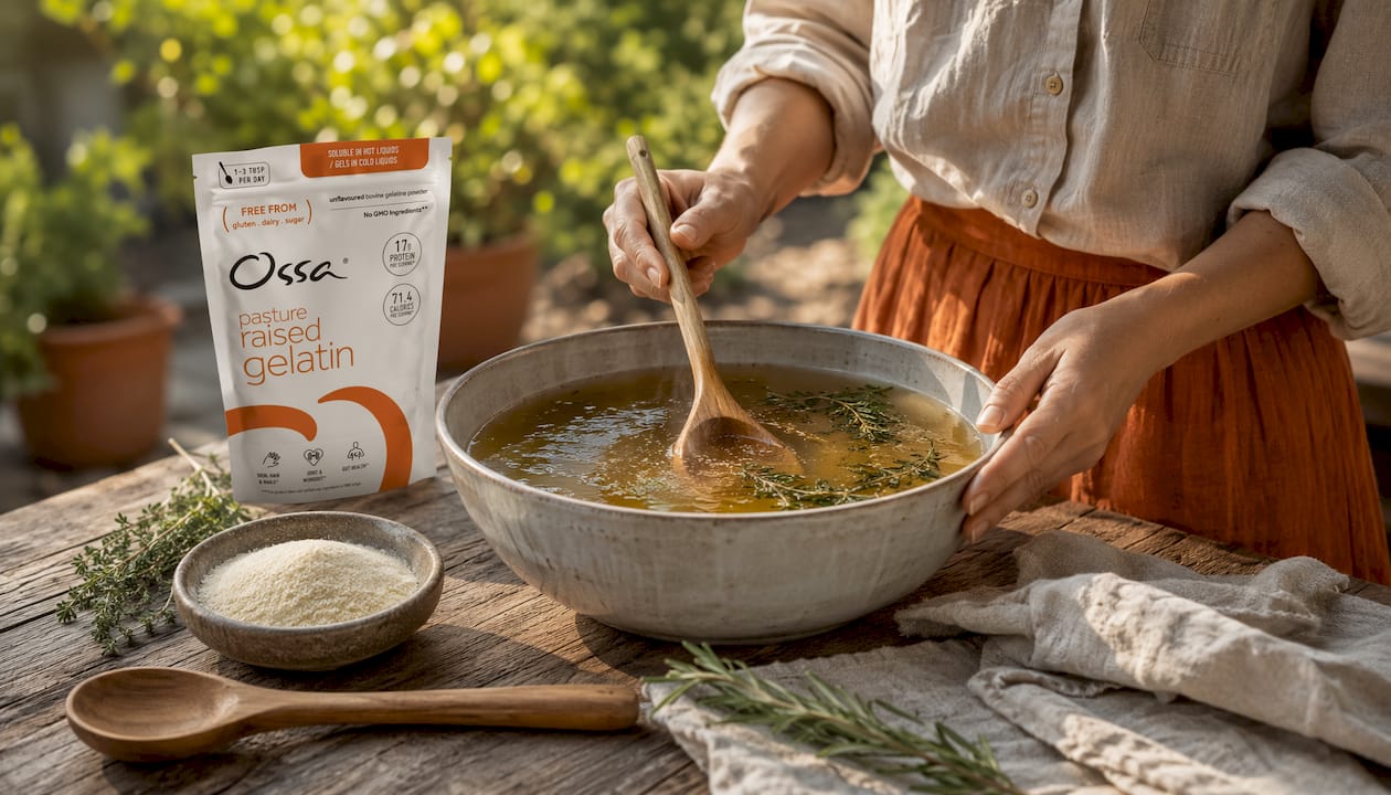 Hand stirring bone broth with gelatin powder nearby
