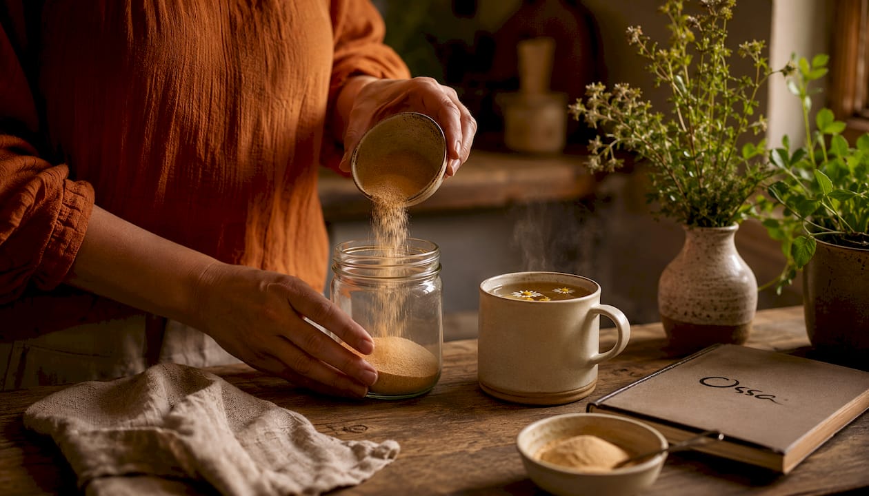 Hands holding bowl of gelatin powder near herbal tea