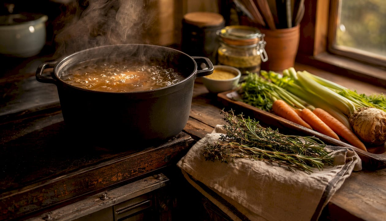 Close-up of ceramic pot simmering bone broth with fresh vegetables and gelatin powder