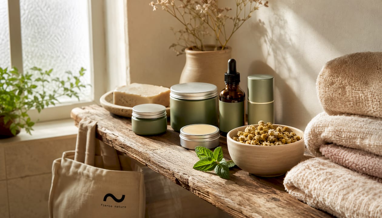 Non-toxic skincare products with natural spa props on shelf