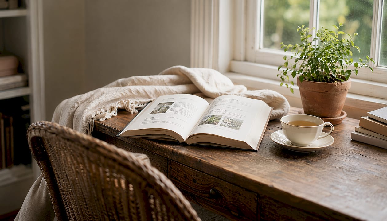 Home office with skincare safety documents and botanicals