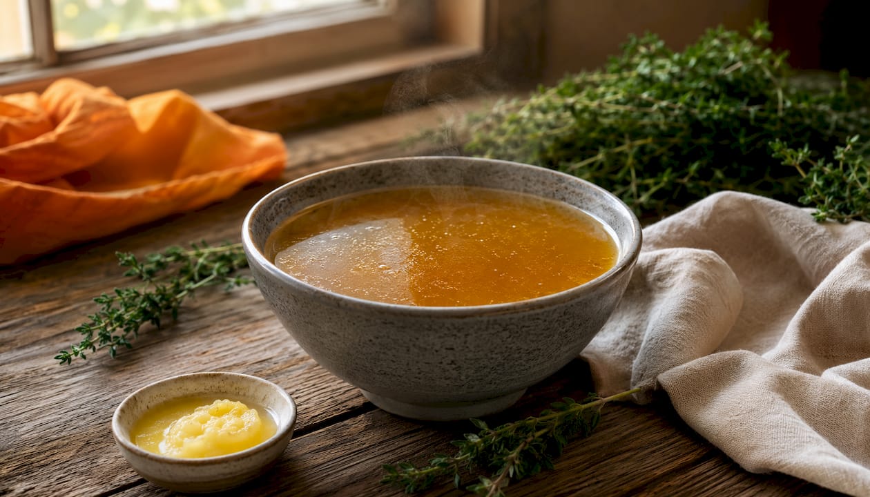 Close-up of bone broth in ceramic bowl with herbs