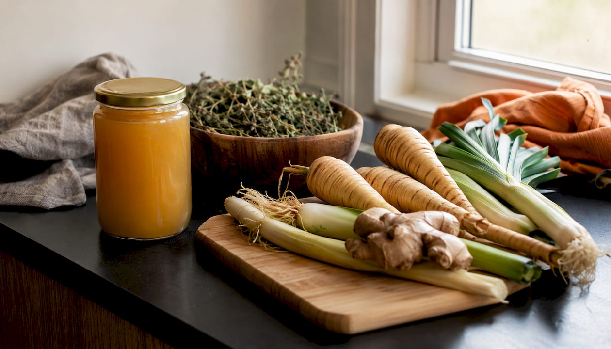 Organic chicken broth with fresh ingredients on wooden board