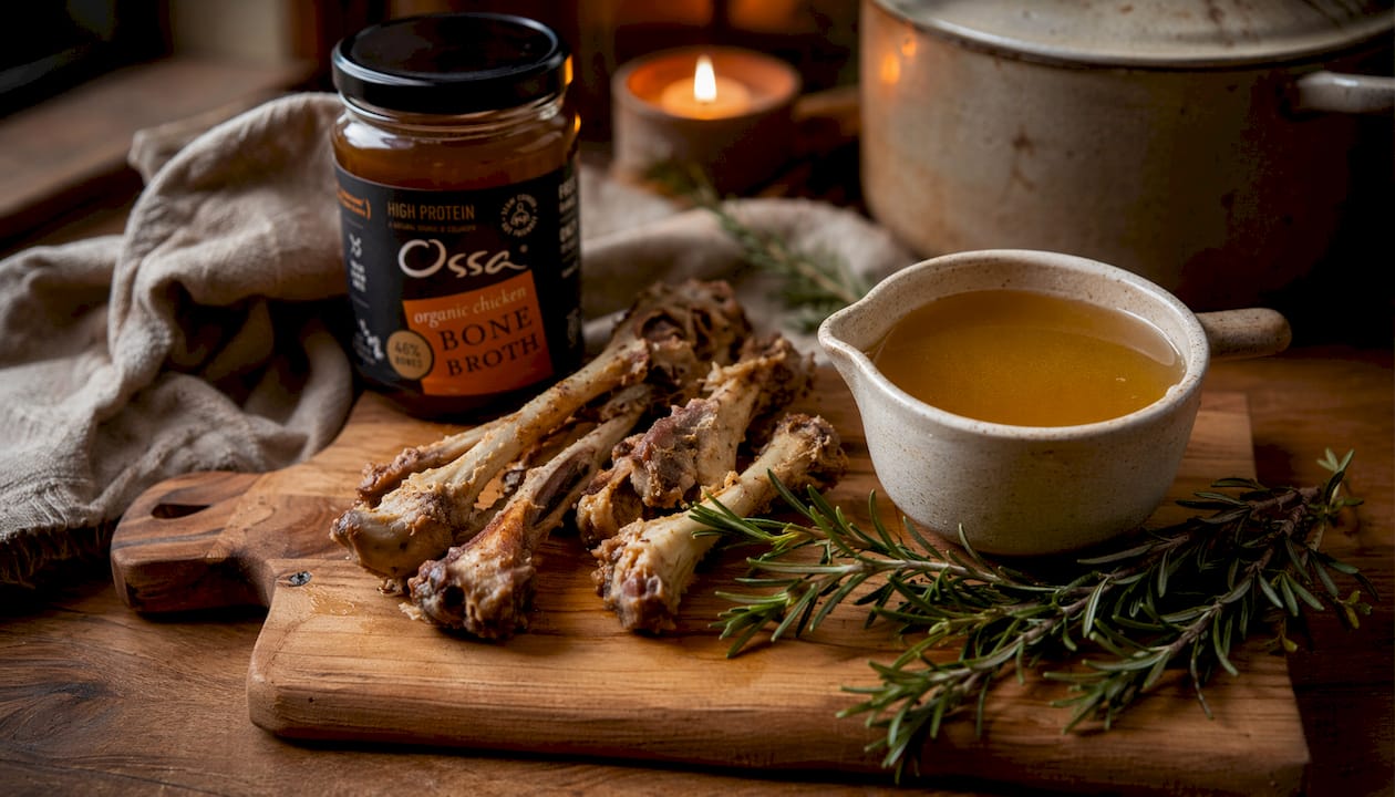 Close-up of organic broth ingredients on wooden board