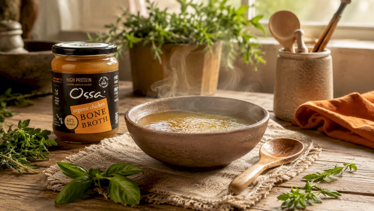 Steaming bowl of chicken broth with wooden spoon and herbs