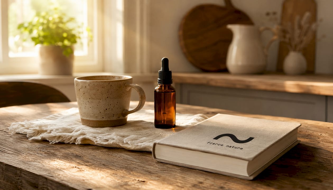 Workspace with skincare bottle and regulation guide overhead view