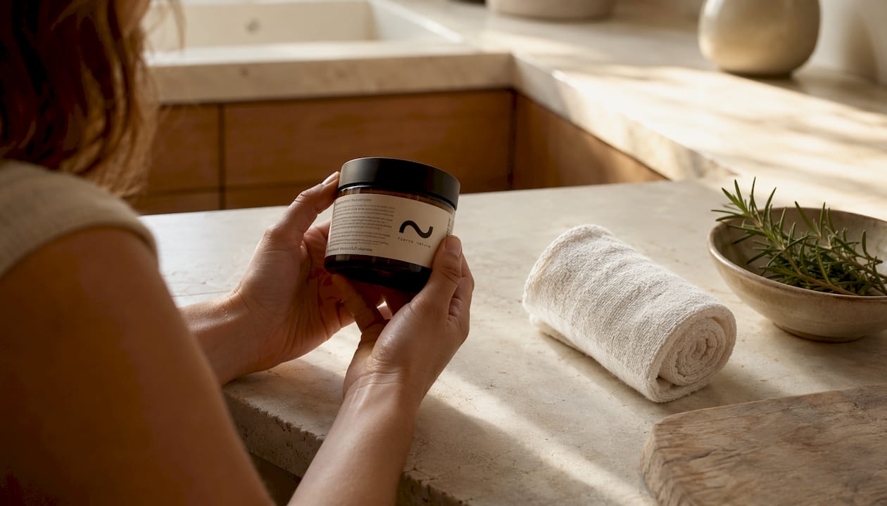 Hands reading skincare ingredient label on jar