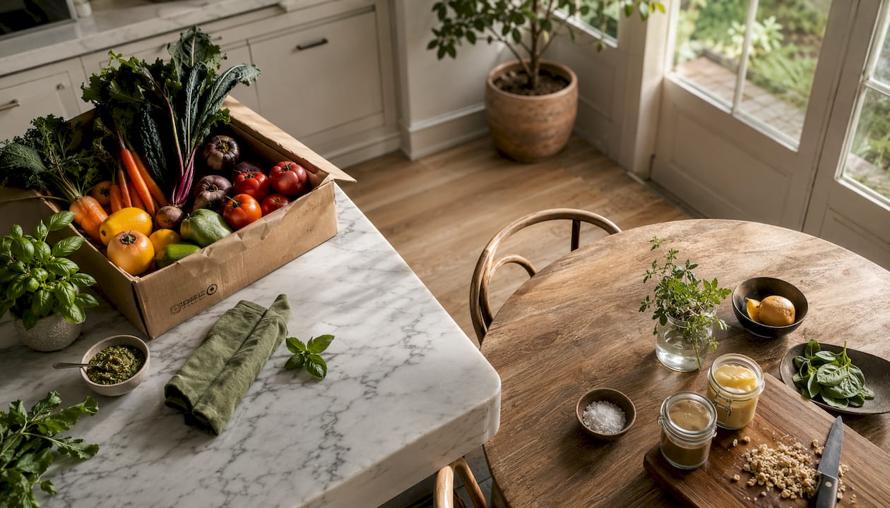 Organic produce box on wooden kitchen counter