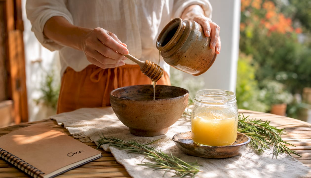 Hands pouring honey into rustic bowl