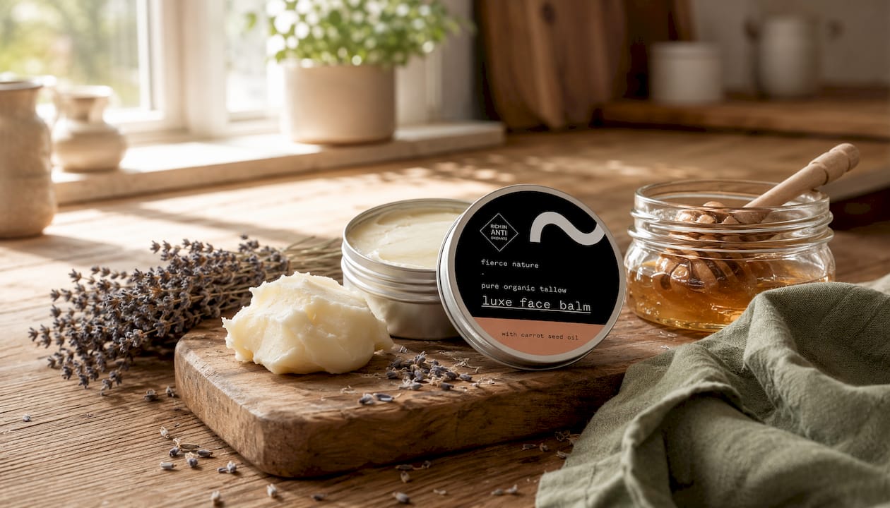 Close-up of organic tallow with natural skincare props