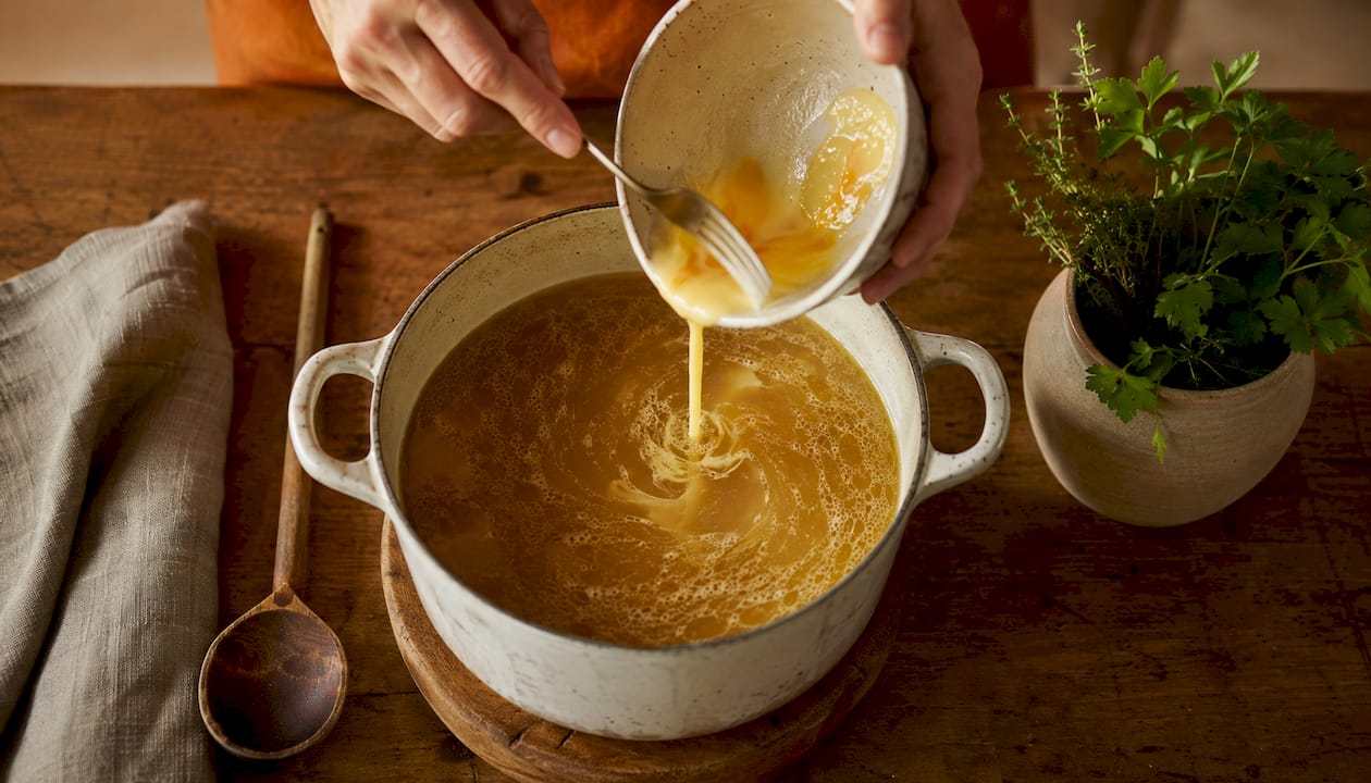 Hands pouring beaten eggs into simmering bone broth pot