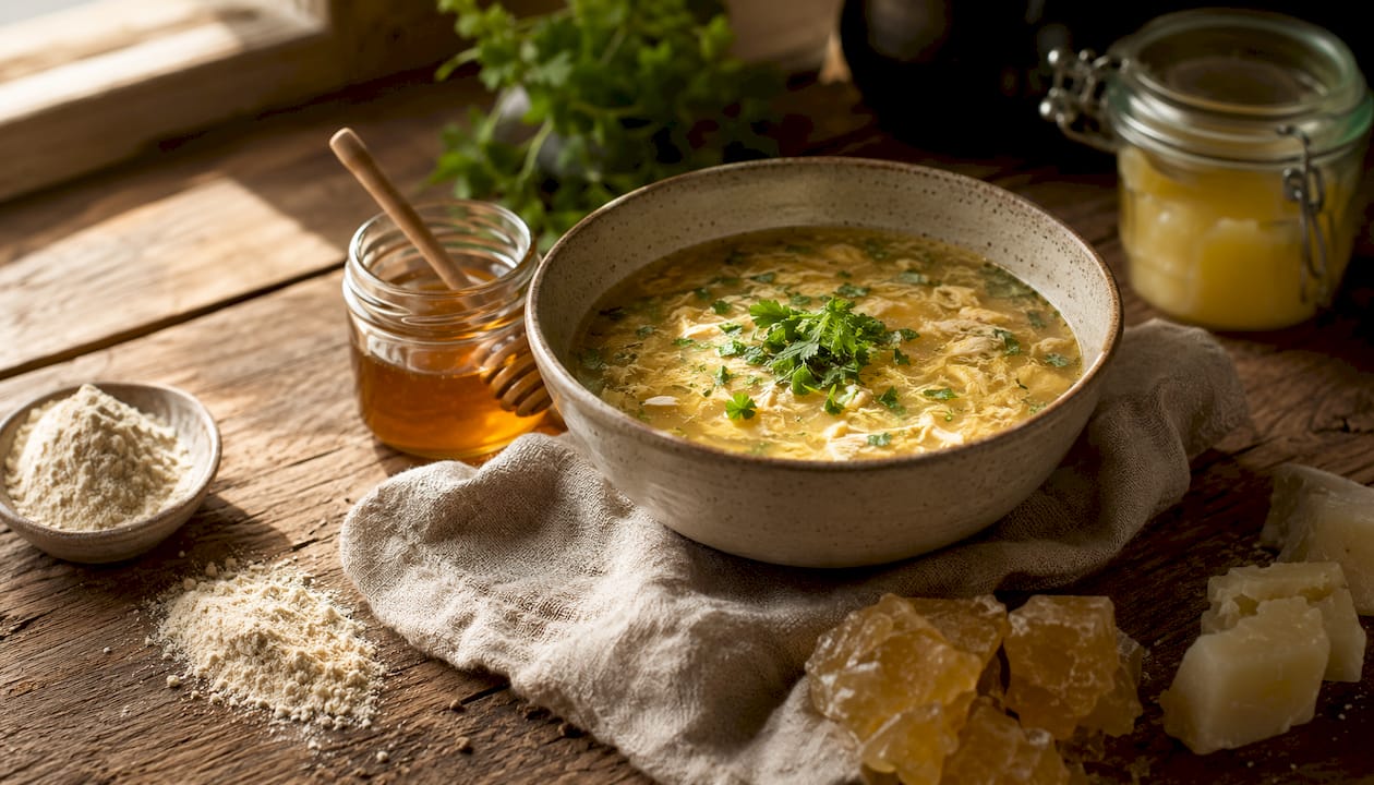 Close-up of bone broth soup with natural healing ingredients