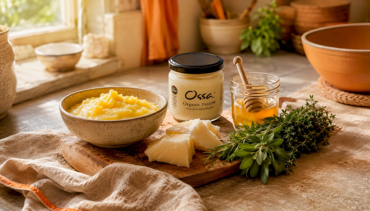 Close-up of ceramic bowls with grass-fed ghee and tallow