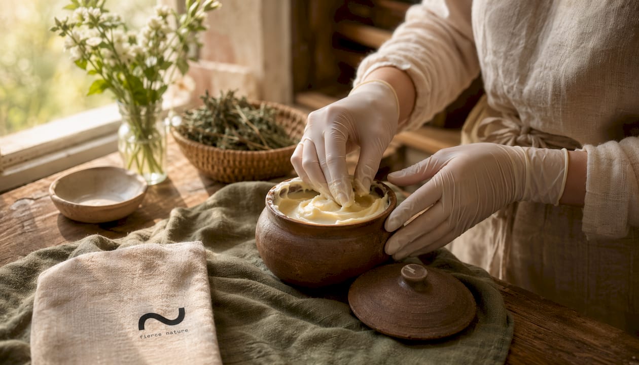 Hands holding jar of lanolin balm with natural ingredients nearby