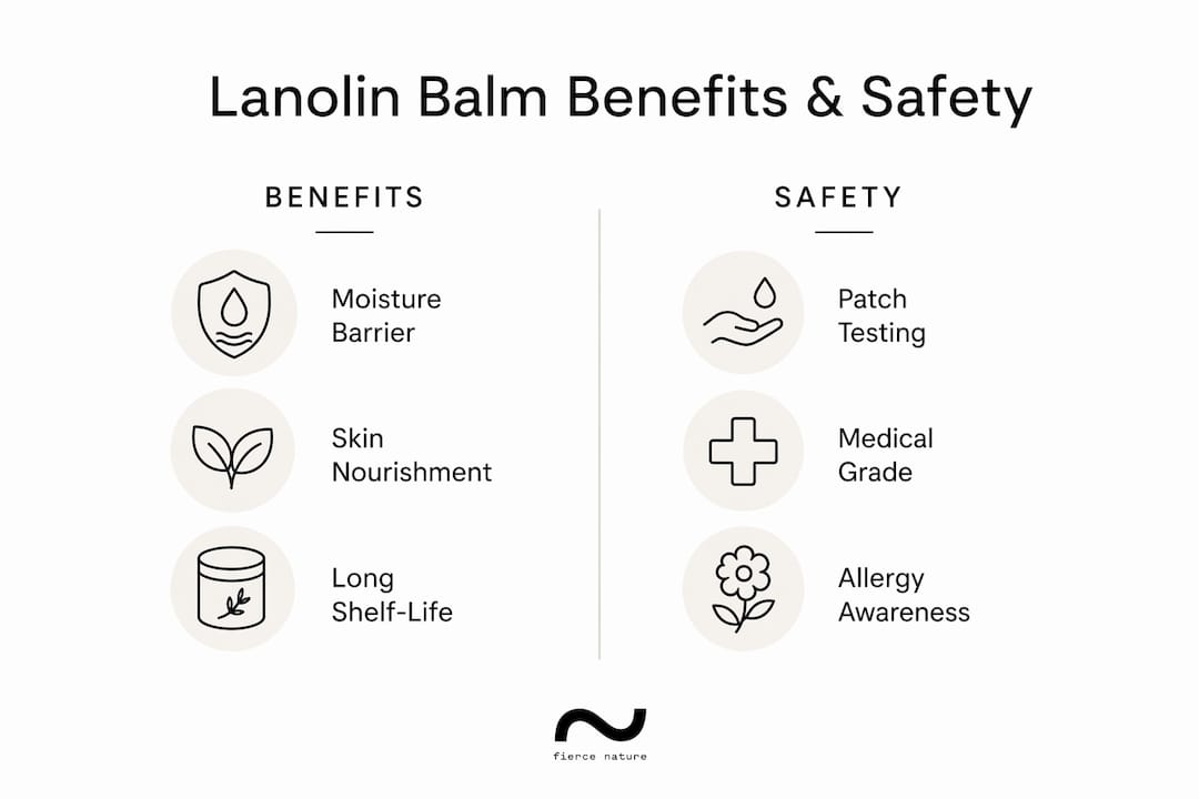 Infographic depicting benefits and safety considerations of lanolin balms