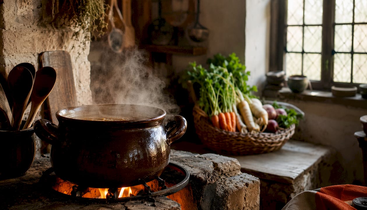 Rustic ceramic pot simmering bone broth with steam