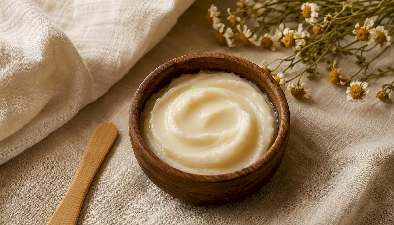 Close-up of sleeping face balm texture in ceramic dish