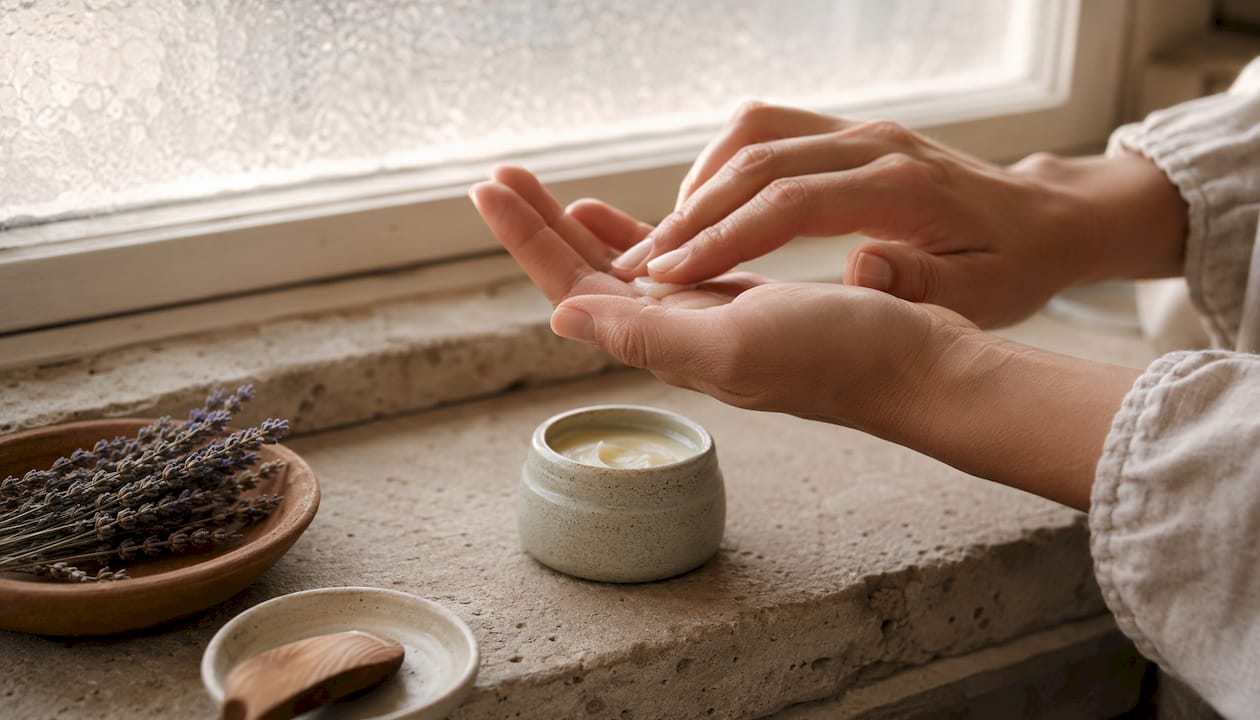 Hands warming and applying sleeping face balm