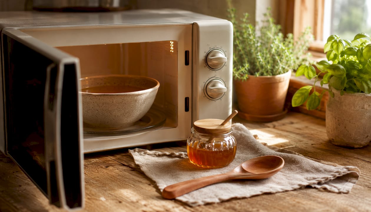 Bone broth bowl inside microwave with stirring stick