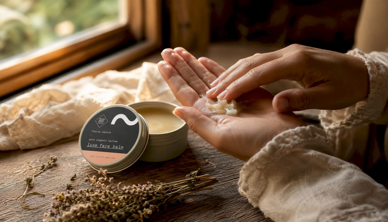 Hands warming organic tallow balm on linen