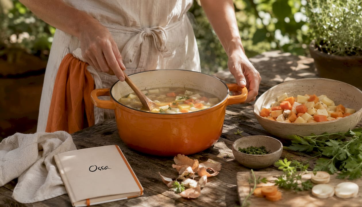 Hands stirring root vegetable soup in ceramic pot