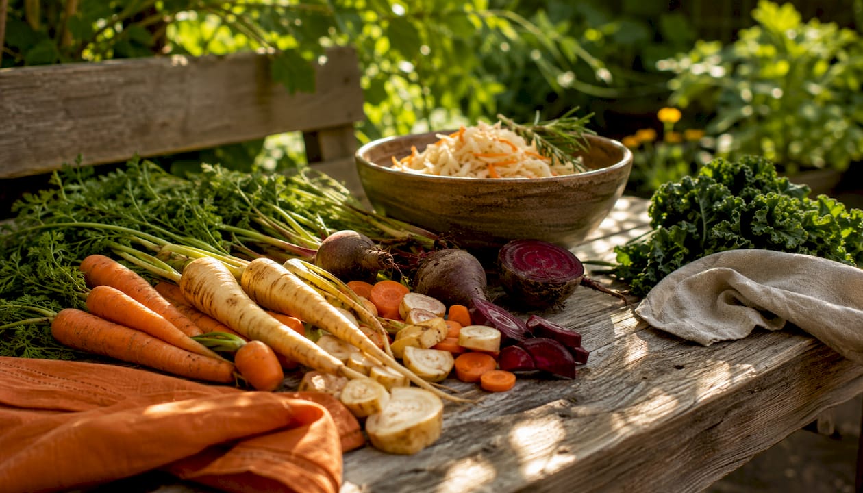 Root vegetables and fermented vegetables on wooden table