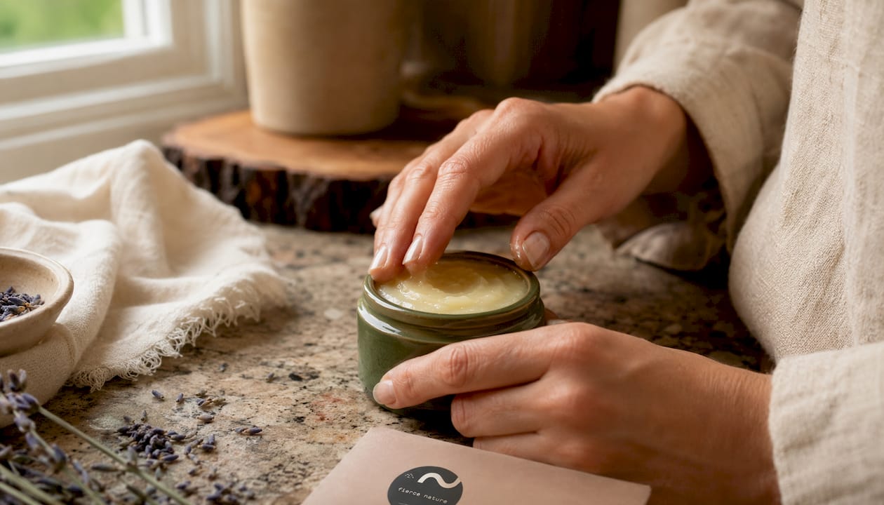 Hands scooping cocoa butter balm in serene setting