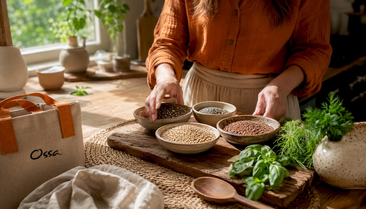 Close-up of organic nuts, spices, and natural ingredients on wooden table