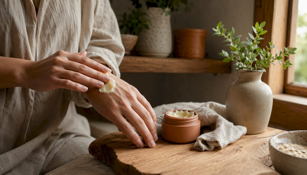 Hands applying cream from ceramic jar in natural light