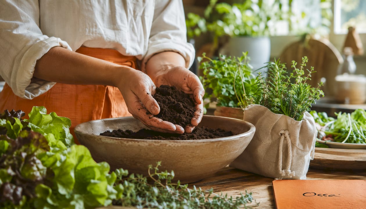 Hands holding rich soil with organic produce nearby