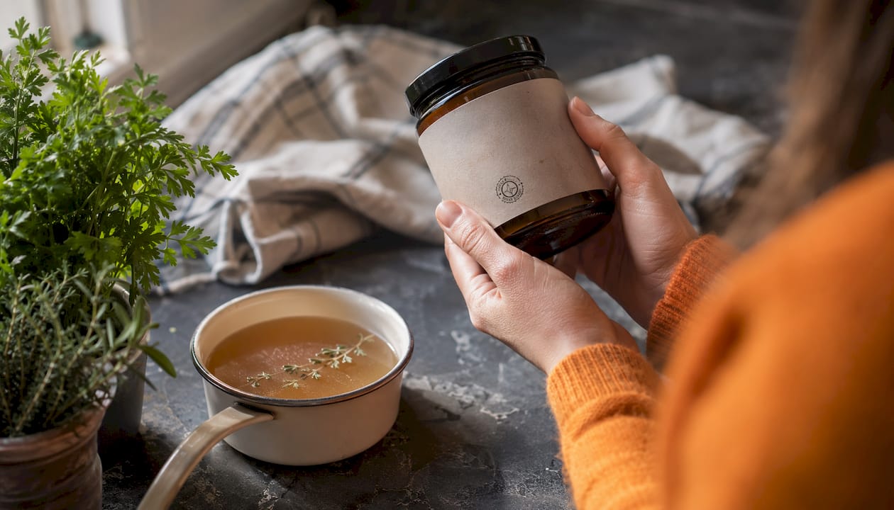 Hands examining organic certification label over kitchen counter