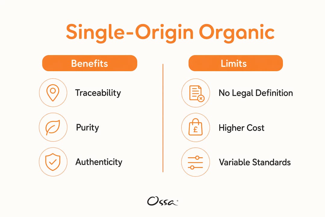 Infographic contrasting benefits and limits of single-origin organic food