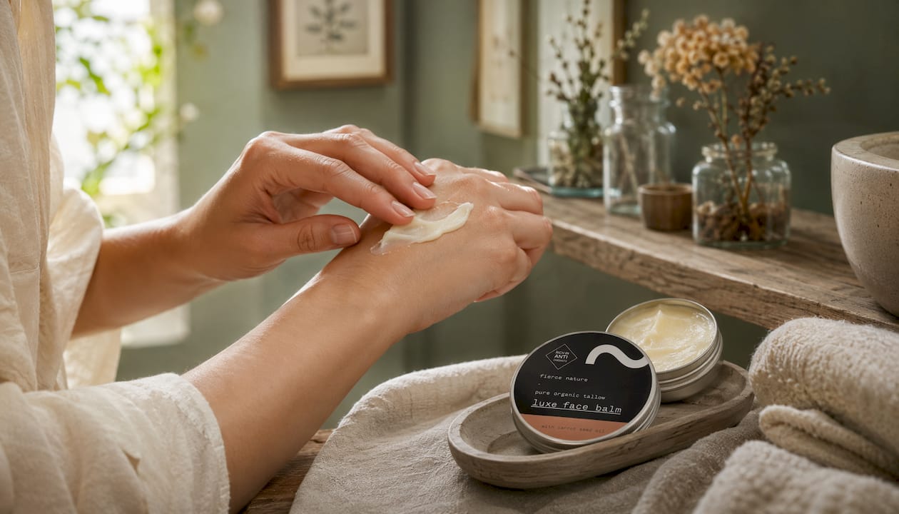 Hands applying balm with natural spa props