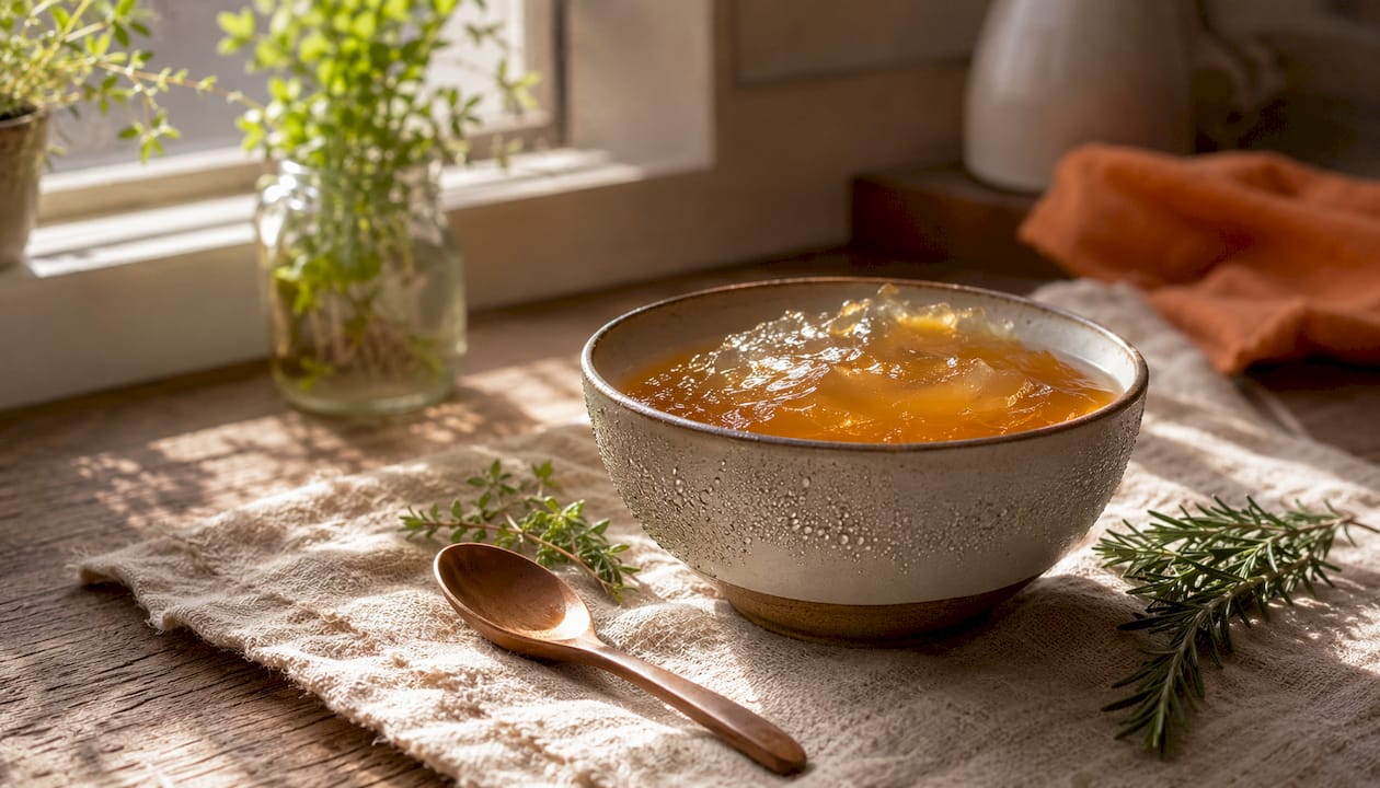 Chilled bone broth jelly in glass bowl on wood