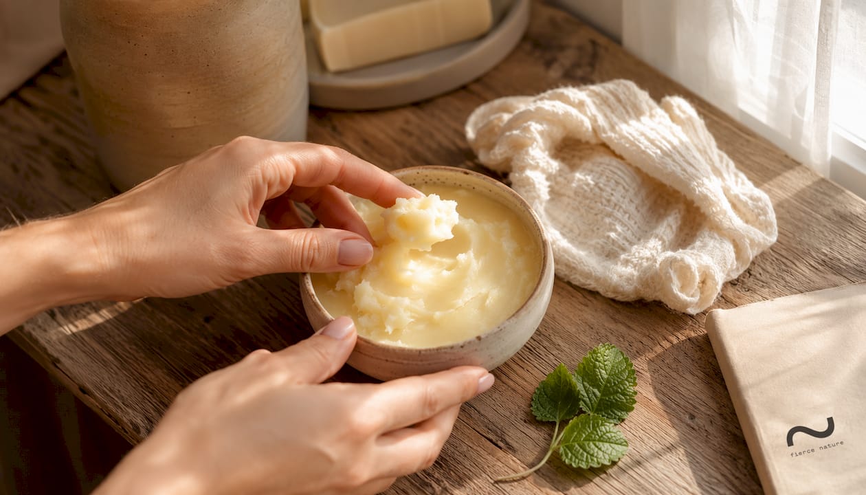 Hands scooping tallow balm from jar on countertop
