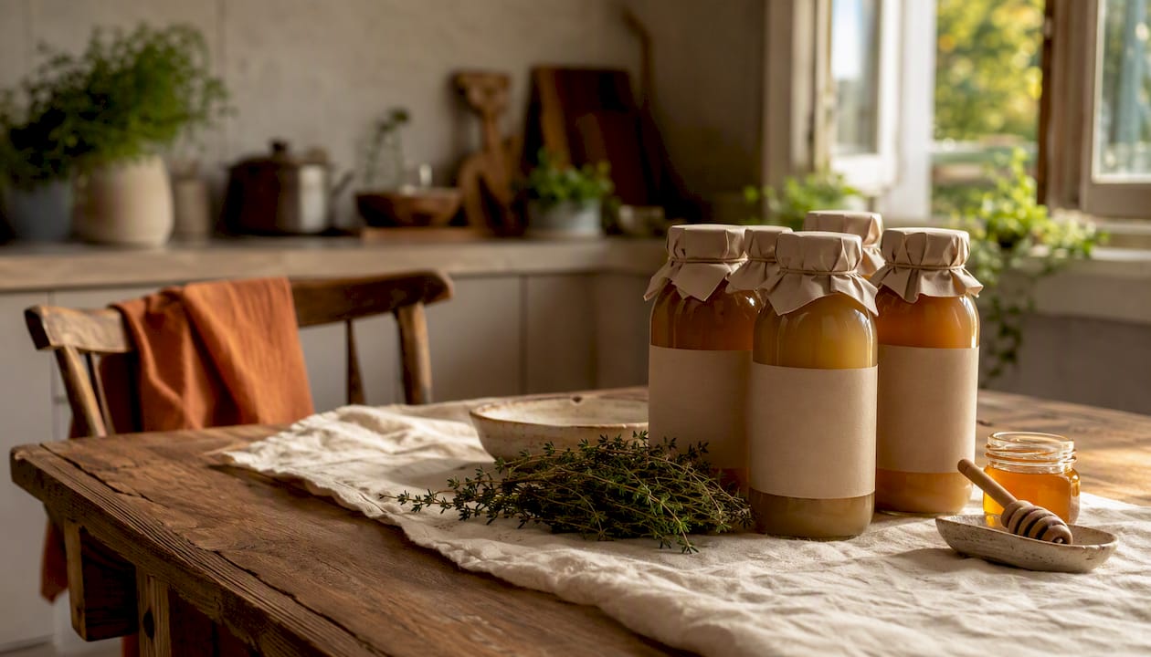 Top-down view of organic bone broth and herbs