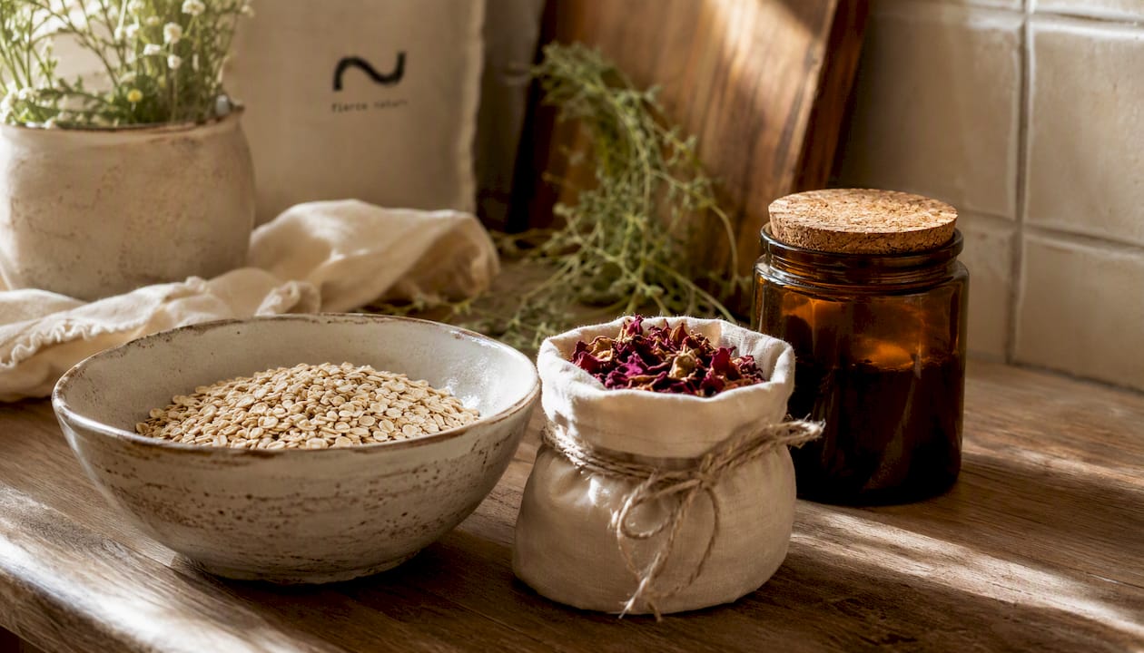 Natural skincare ingredient arrangement on wood