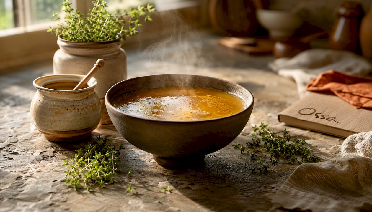 Close-up of bone broth with ghee in ceramic bowl