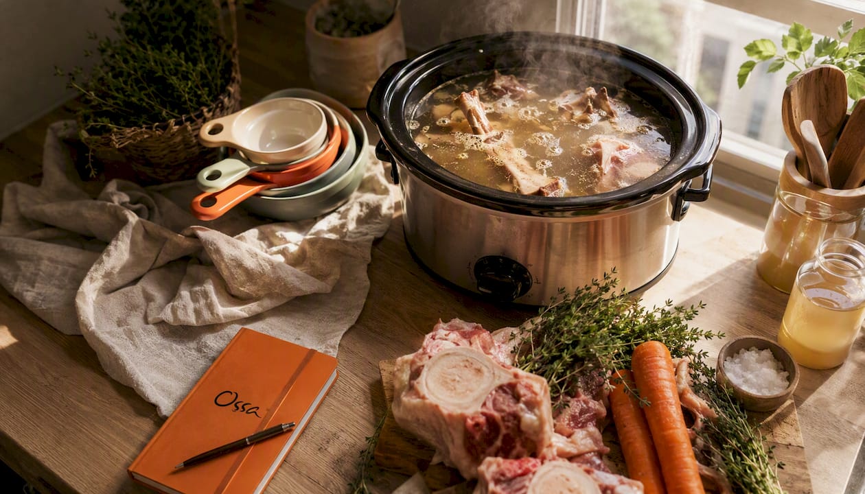 Slow cooker with bone broth and fresh ingredients
