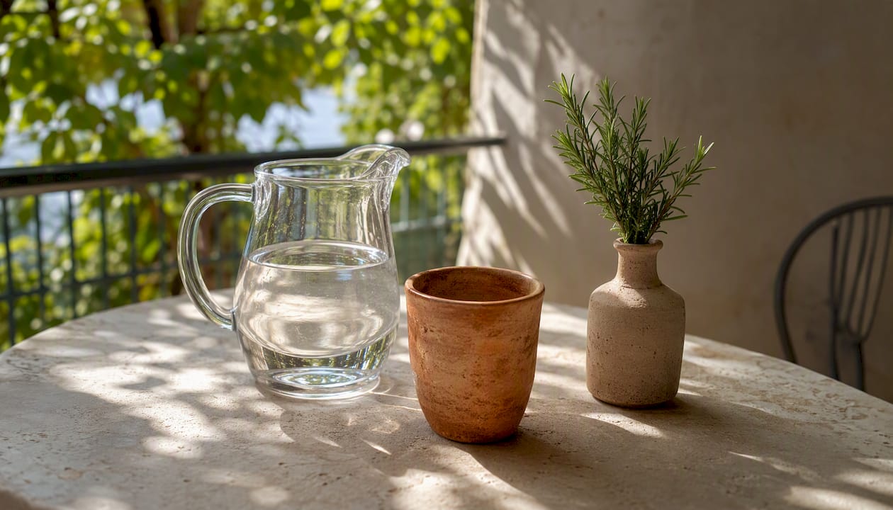 Glass of water and ceramic cup with morning sunlight