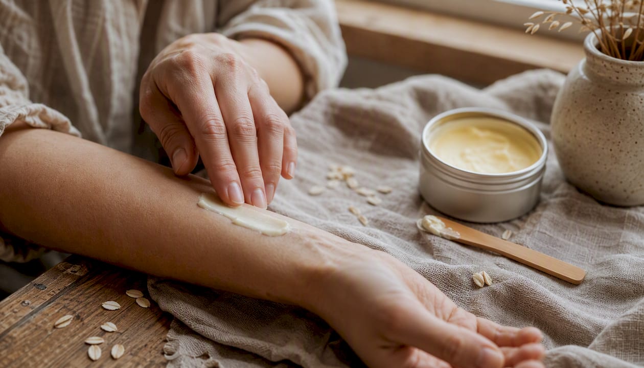 Hands applying cream balm on skin in natural light