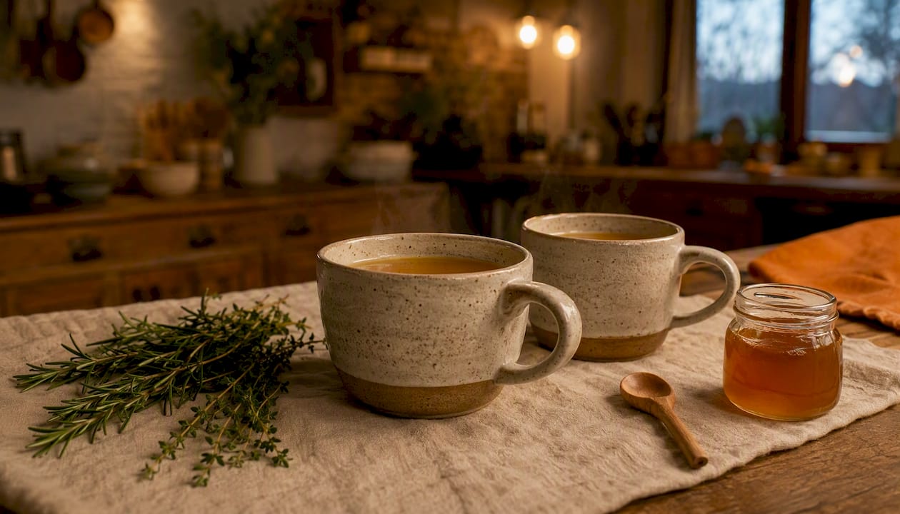 Two ceramic mugs of bone broth with herbs nearby