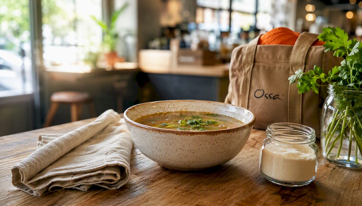 Overhead view of bone broth with herbs on wooden board