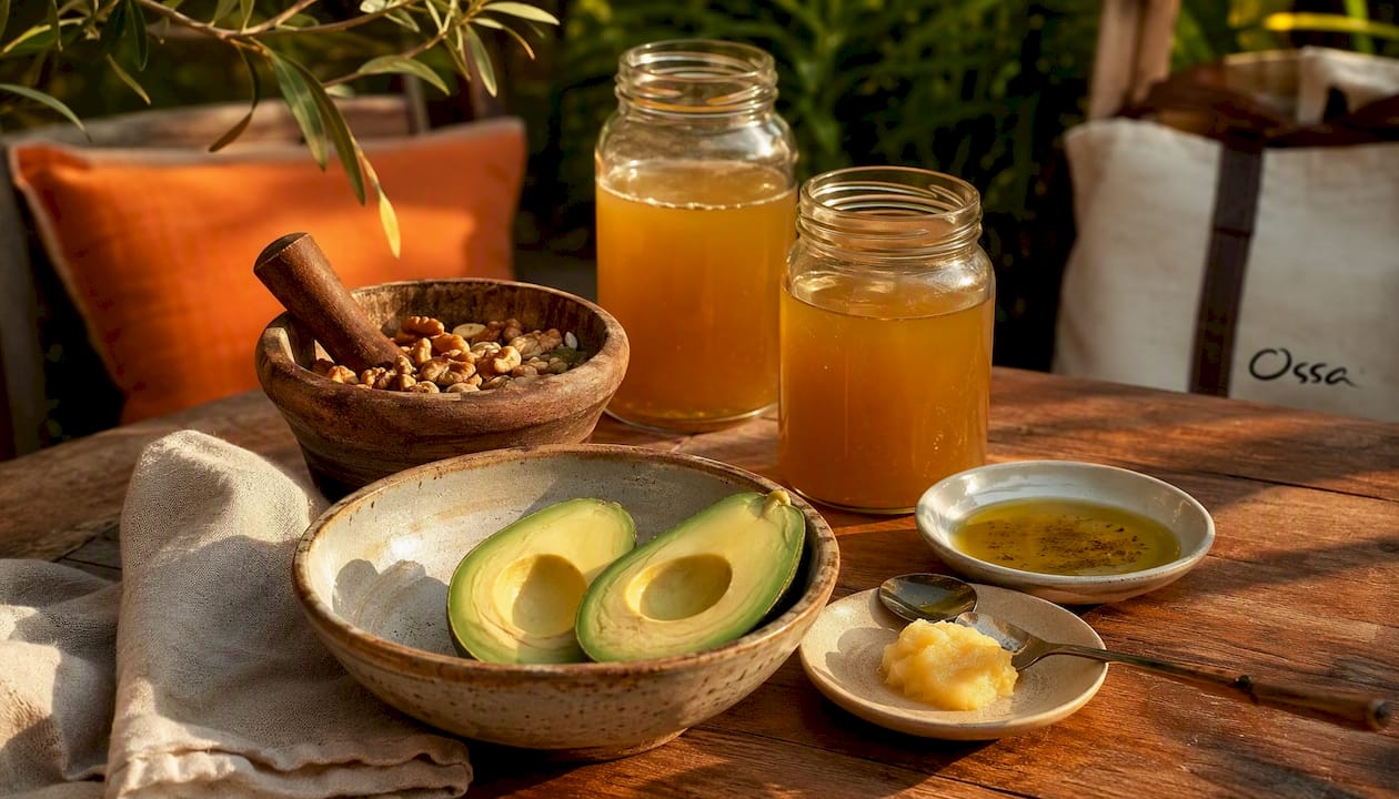 Artisanal bowl with avocado, olive oil, nuts, and bone broth
