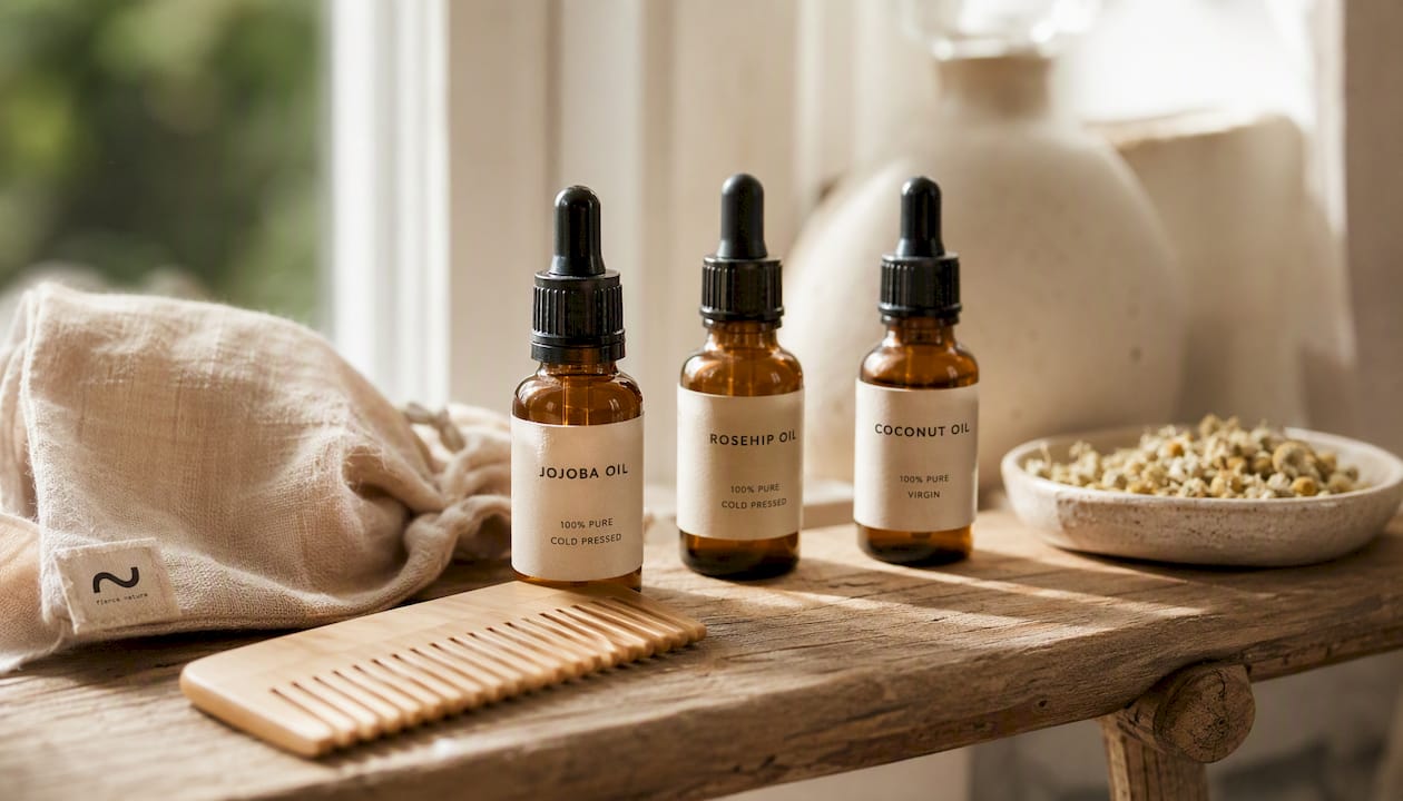 Natural plant oil bottles and spa props on shelf